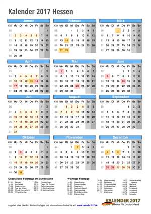 Kalender 2017 Hessen Hochformat mit Schulferien