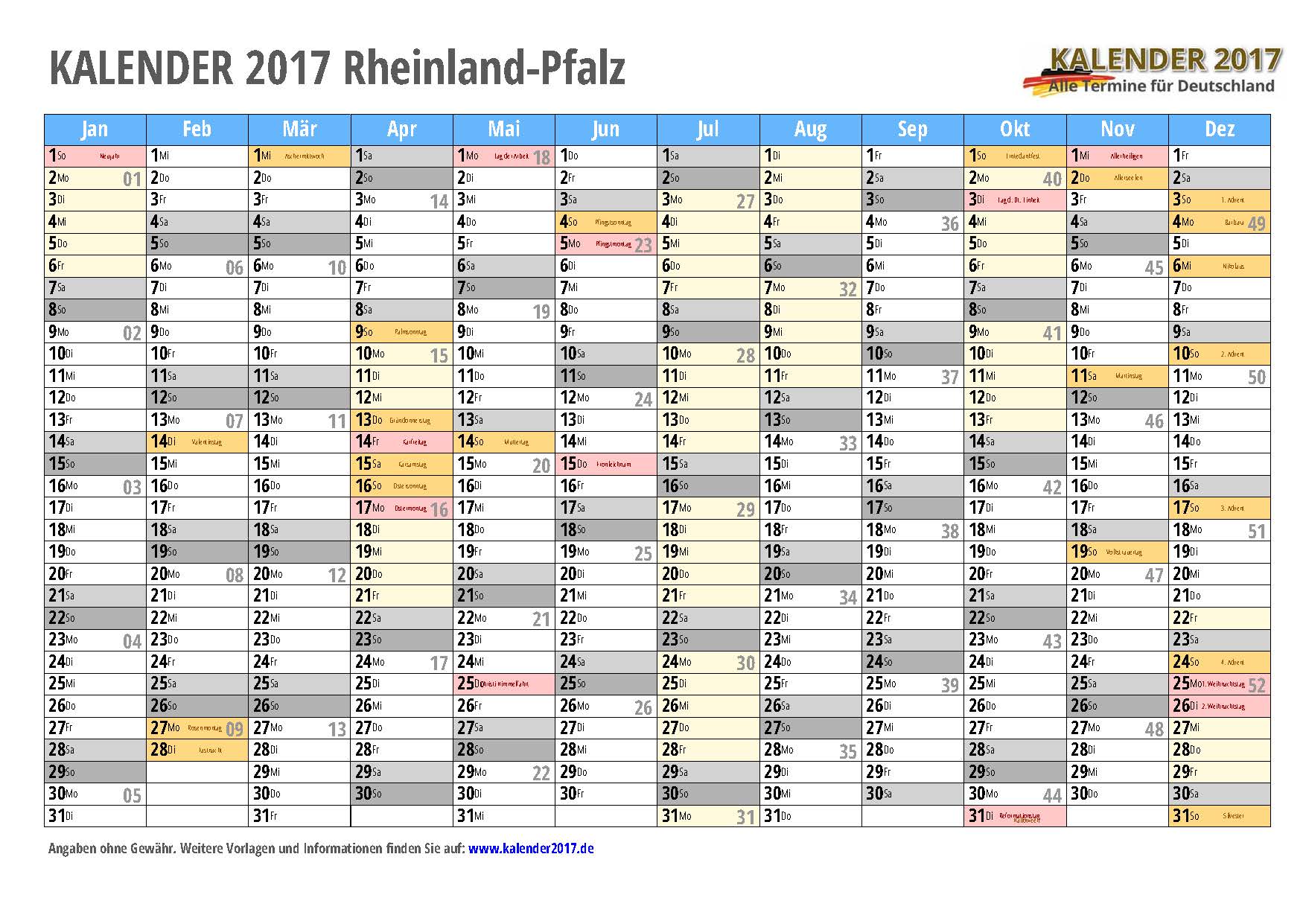 Kalender 2017 Rheinland-Pfalz zum Ausdrucken - KALENDER 2017
