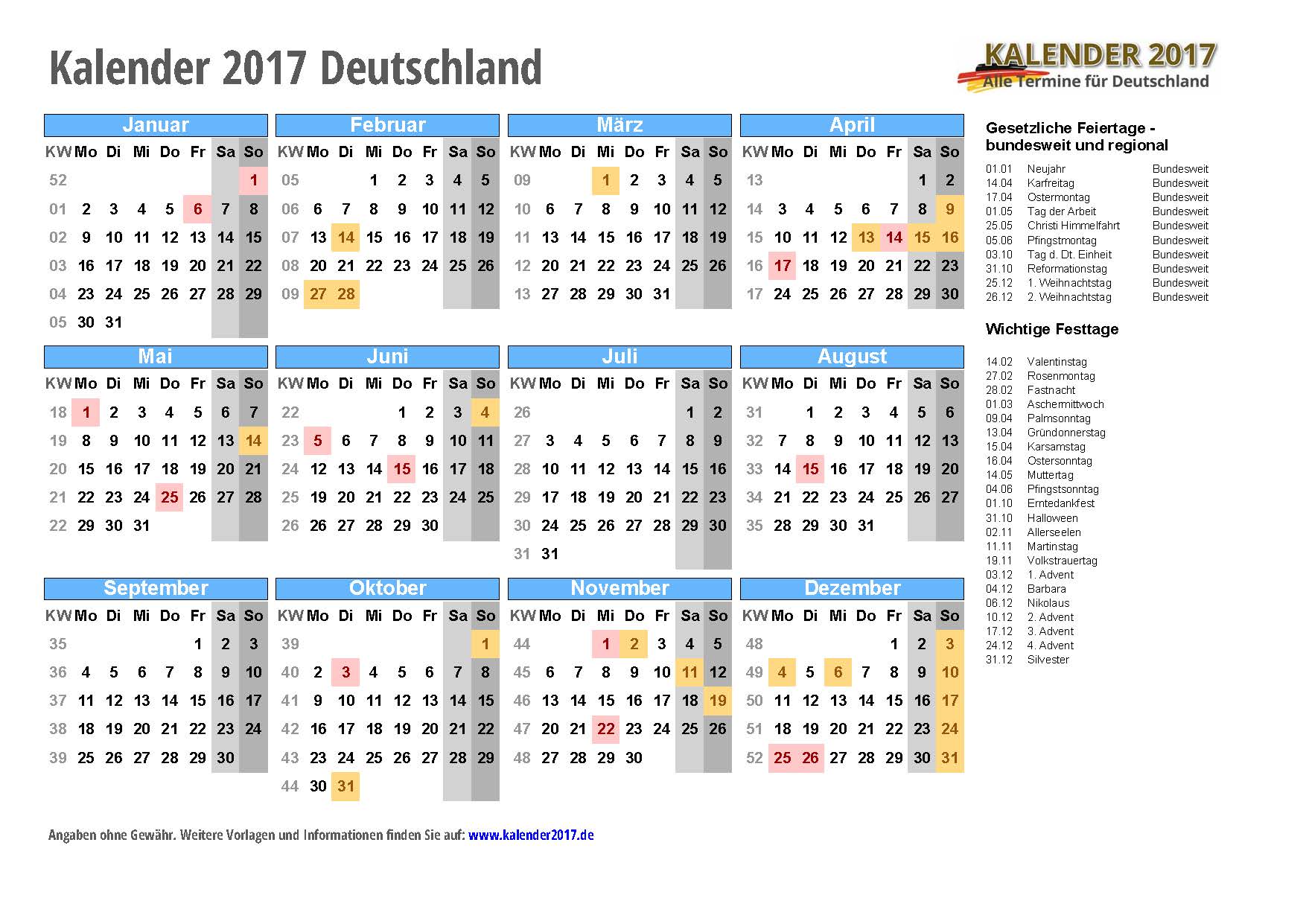 Uitbarsten voorbeeld De neiging hebben KALENDER 2017 mit Feiertagen & Kalenderwochen - online