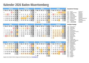 Kalender 2026 Baden-Württemberg Kalender 2026 Baden-Württemberg