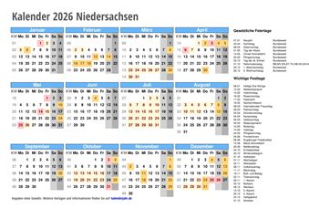 Kalender 2026 Niedersachsen Kalender 2026 Niedersachsen