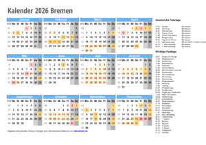 kalender 2026 Bremen quer